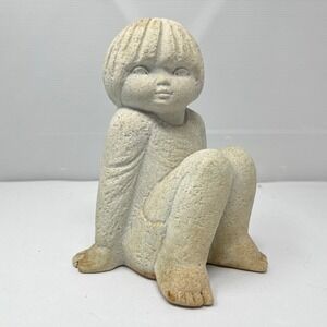 Marbell Stone Art Girl Sitting Figurine‎ Statue White 7" Tall Vtg 80s Children